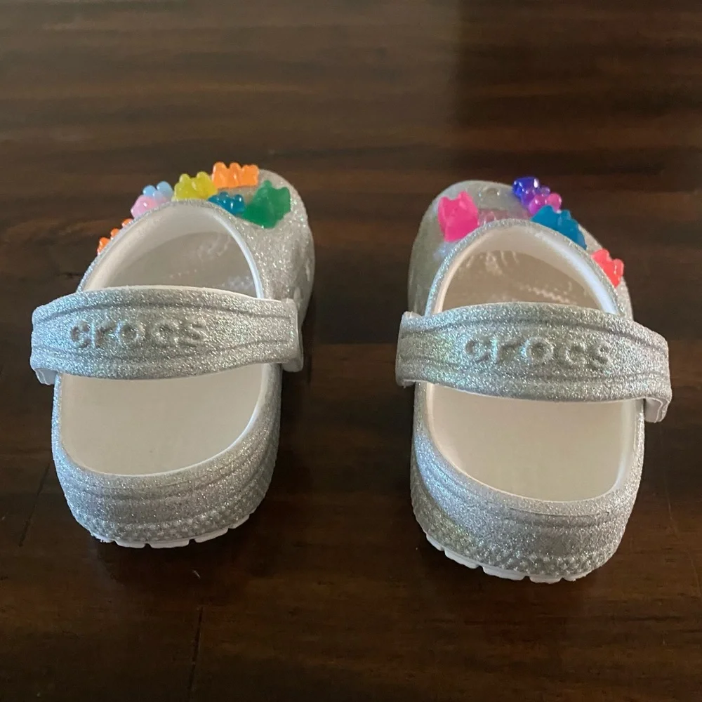 CROCS Silver Glitter Clogs with Colorful Gummy Bear Charms
